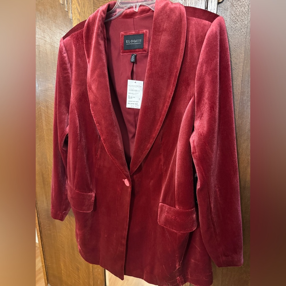 Eloquii Women's Velvet Blazer Jacket in Deep Red
